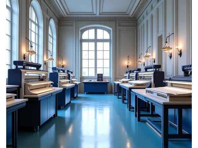 Vue intérieure de l'atelier Artisanat Pixel à Paris, montrant des machines modernes et des textiles innovants.