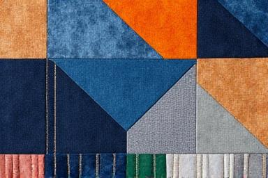 Échantillon de tissu résultant d'un patchwork contemporain, assemblant des motifs géométriques et des textures contrastées de chutes de tissus nobles.